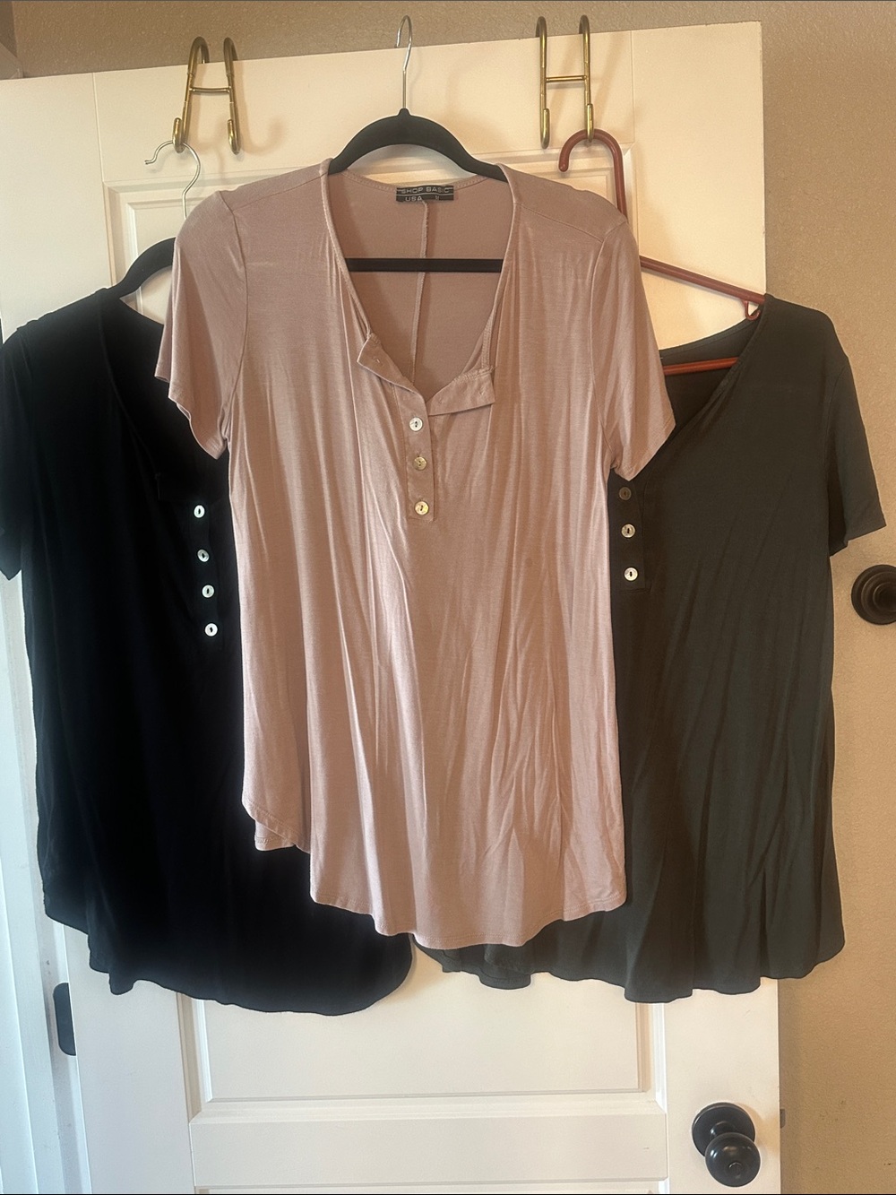 Light Pink, black and green Short Sleeve Henley Top - Women